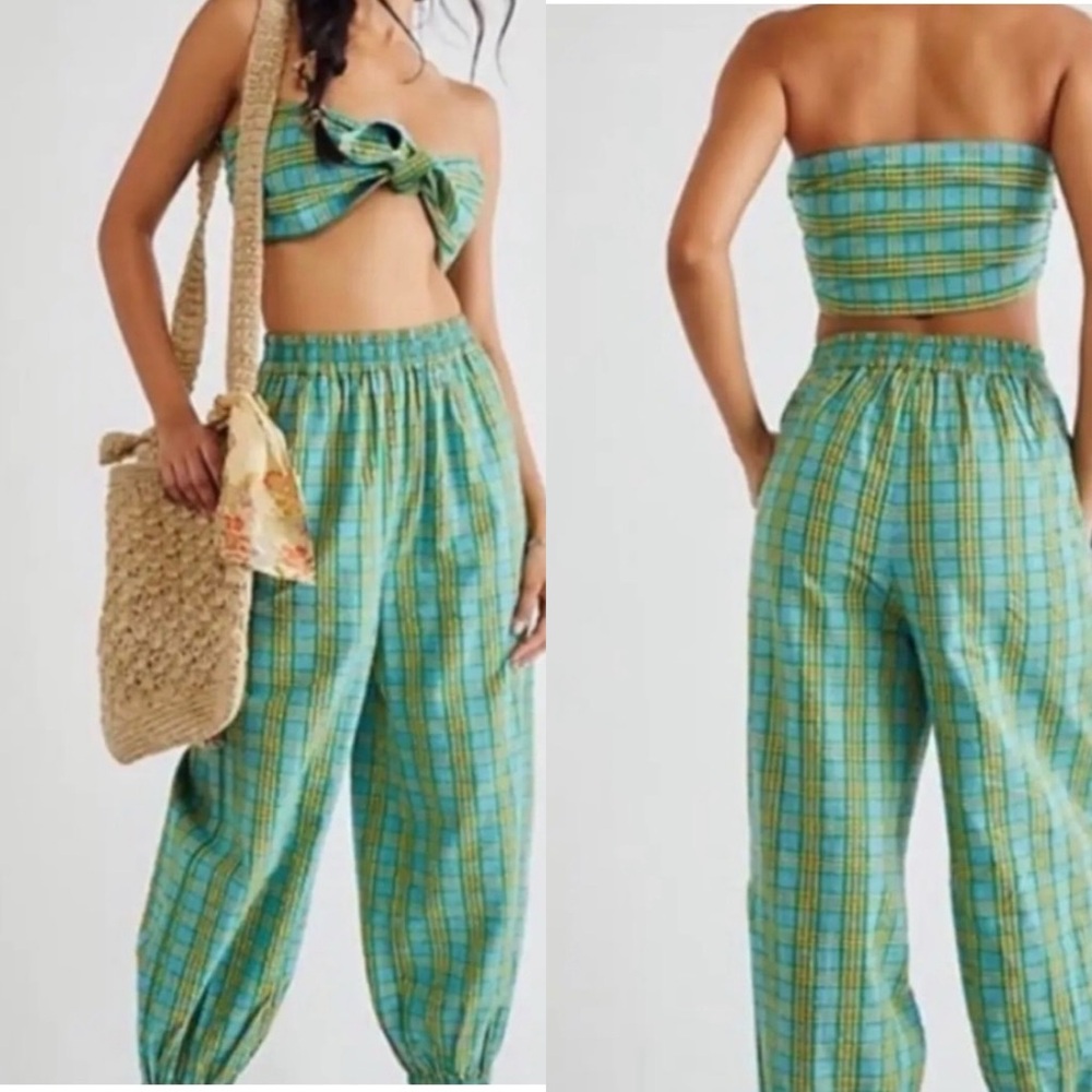 Free People Ticket to Paradise Matching Set Plaid Strapless Cropped Jogger Small
